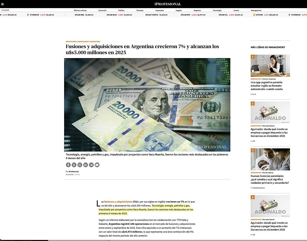 Fusiones y adquisiciones en Argentina crecieron 7% y alcanzan los u$s5.000 millones en 2025